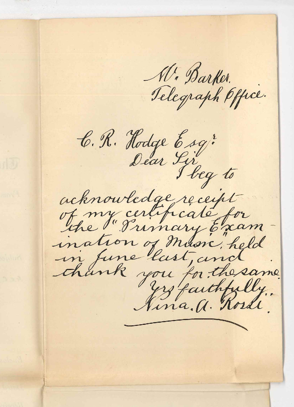 Miss Nina Auburn Rossi - Mount Barker - Acknowledging receipt of Certificate