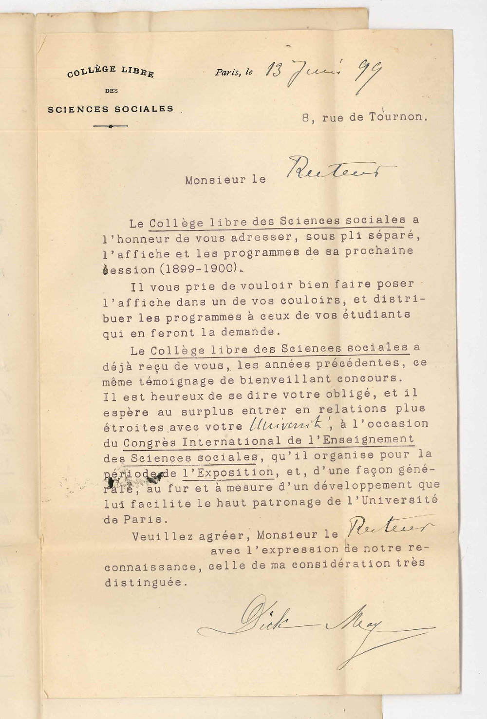 Dick May - Paris - Inviting University to Congres International de l Enseignement des Sciences sociales