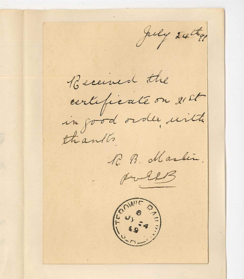 Miss Rebecca Blackmore Maslin - Riverton - Acknowledging receipt of Certificates