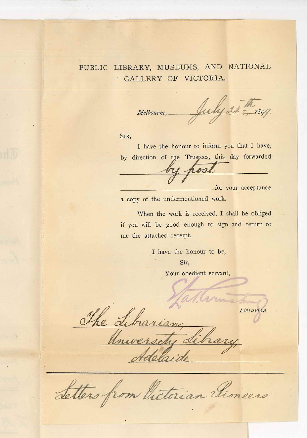 Public Library - Melbourne - Forwarding Letters from Victoria Pioneers