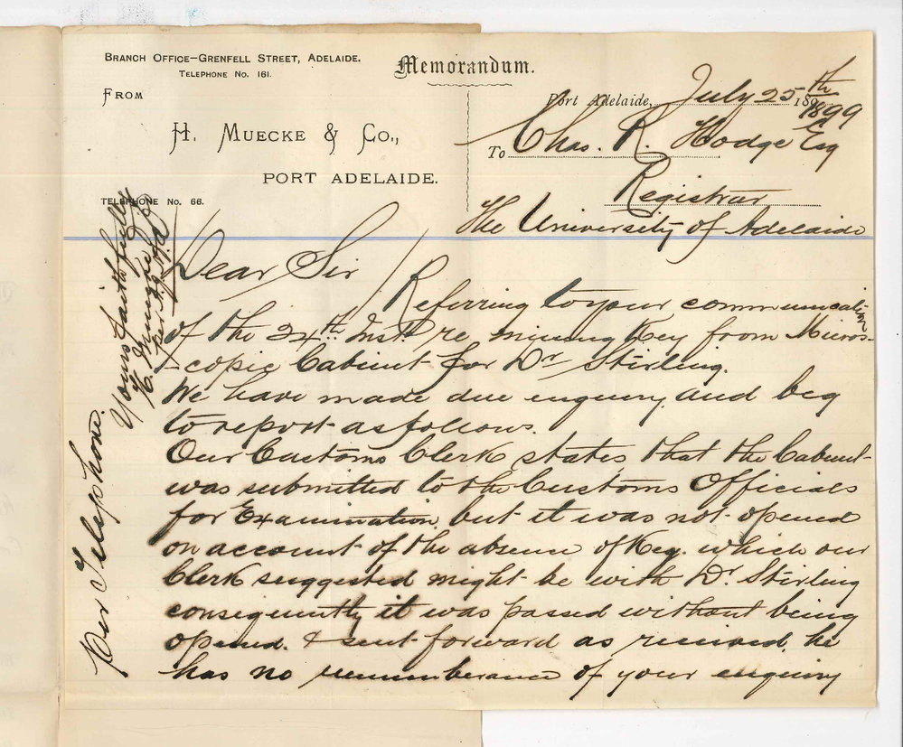 Hugo Carl Emil Muecke and Company - Port Adelaide - Concerning Missing Key from Microscopic Cabinet