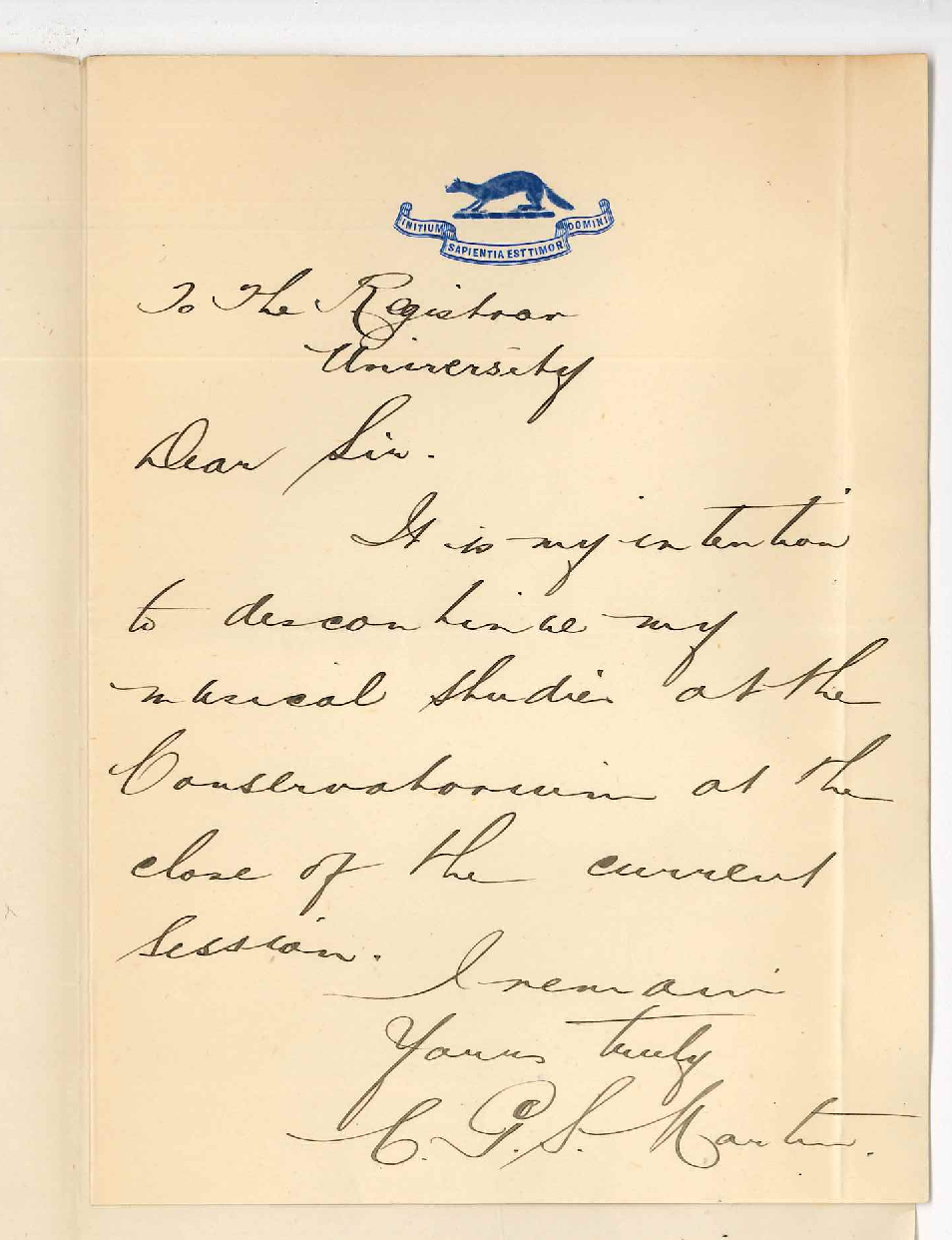 C G S Martin - Discontinuing lessons at the Conservatorium