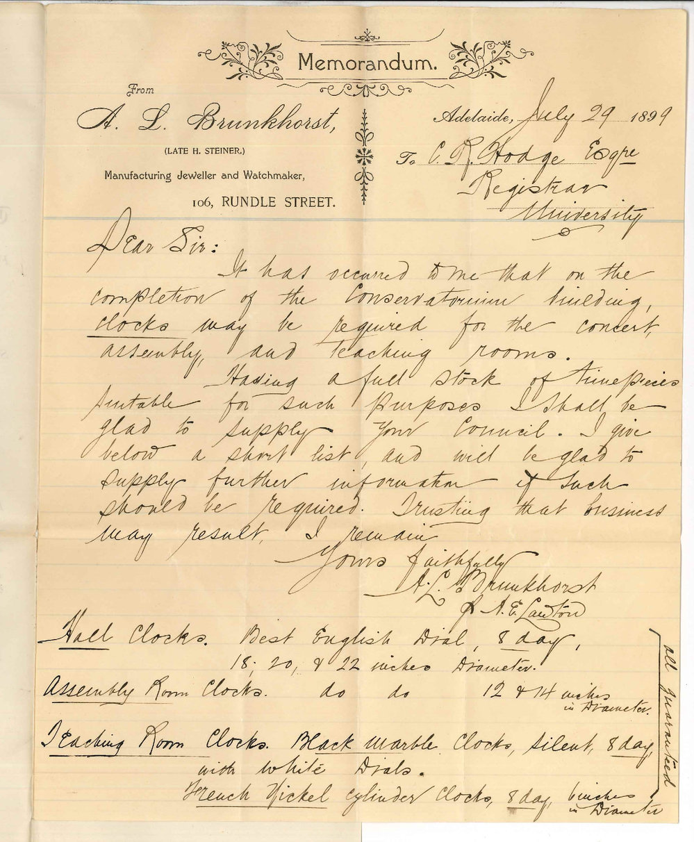 A L Brunkhorst - Manufacturing Jeweller and Watchmaker - Adelaide - Offering to supply clocks for Conservatorium