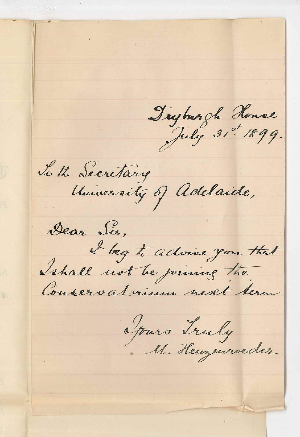 Miss M Heuzenroeder - Hackney - Discontinuing lessons at the Conservatorium