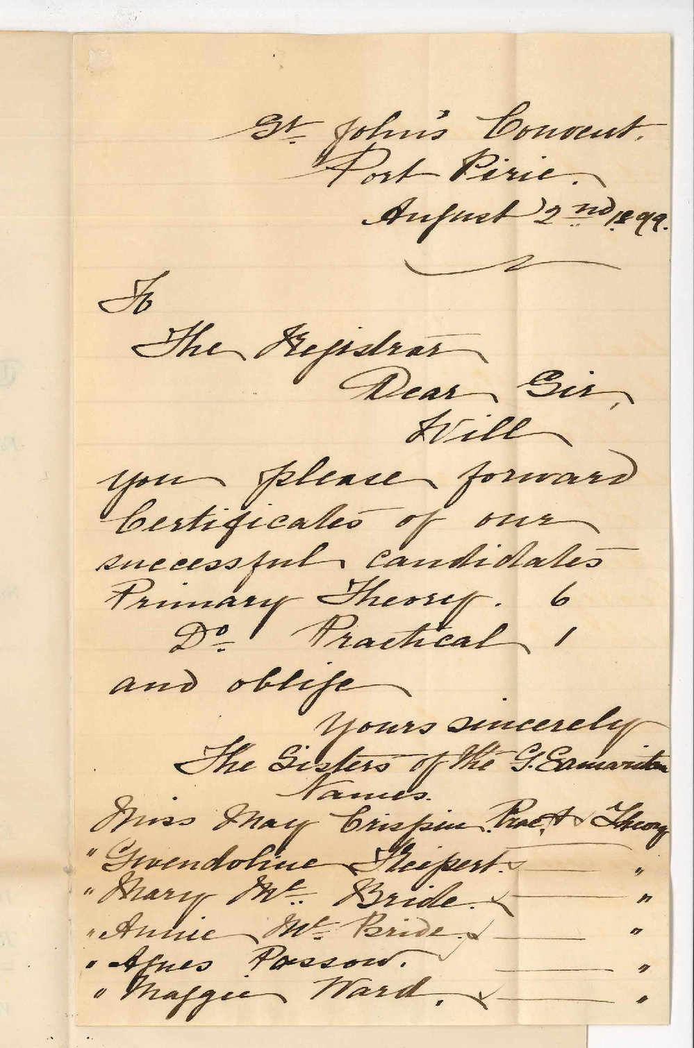 St Johns Convent - Port Pirie - Requesting Certificates