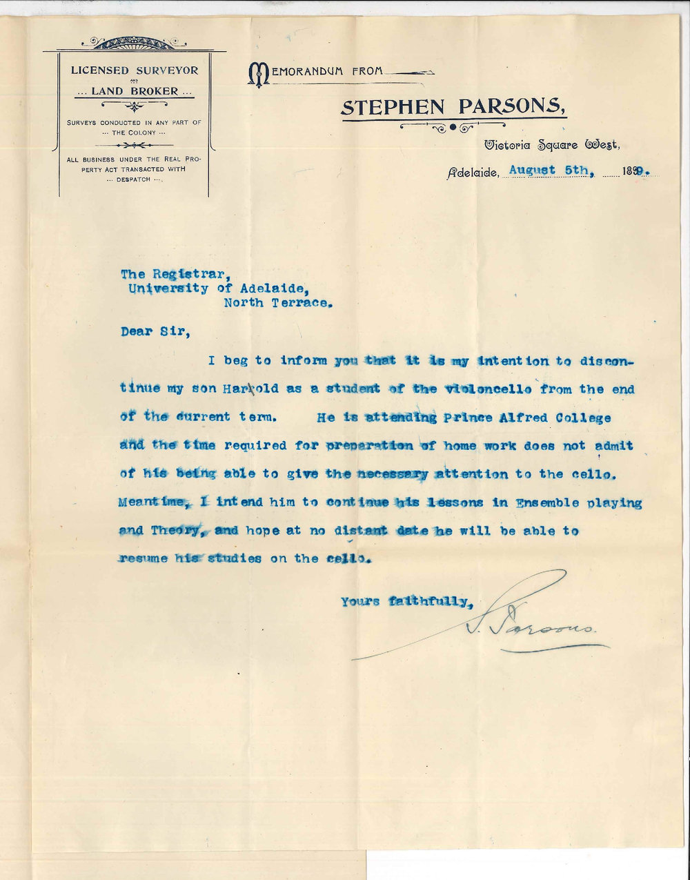 Stephen Parsons - Adelaide - Son Harold will not continue lessons at the Conservatorium