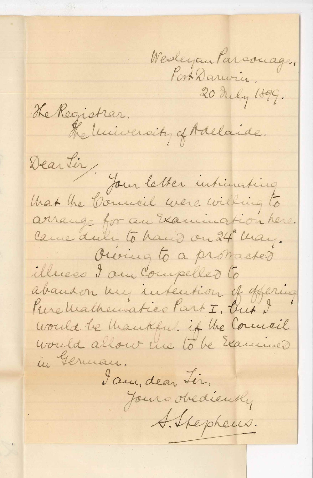 Reverend S Stephens - Port Darwin - Concerning Examinations at Port Darwin