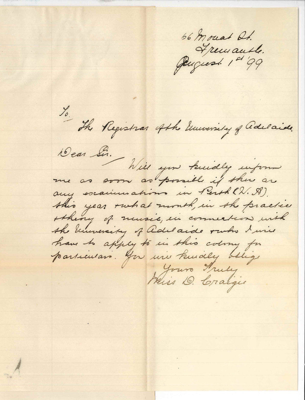 Miss D Craigie - Fremantle WA - Examination in music at Perth