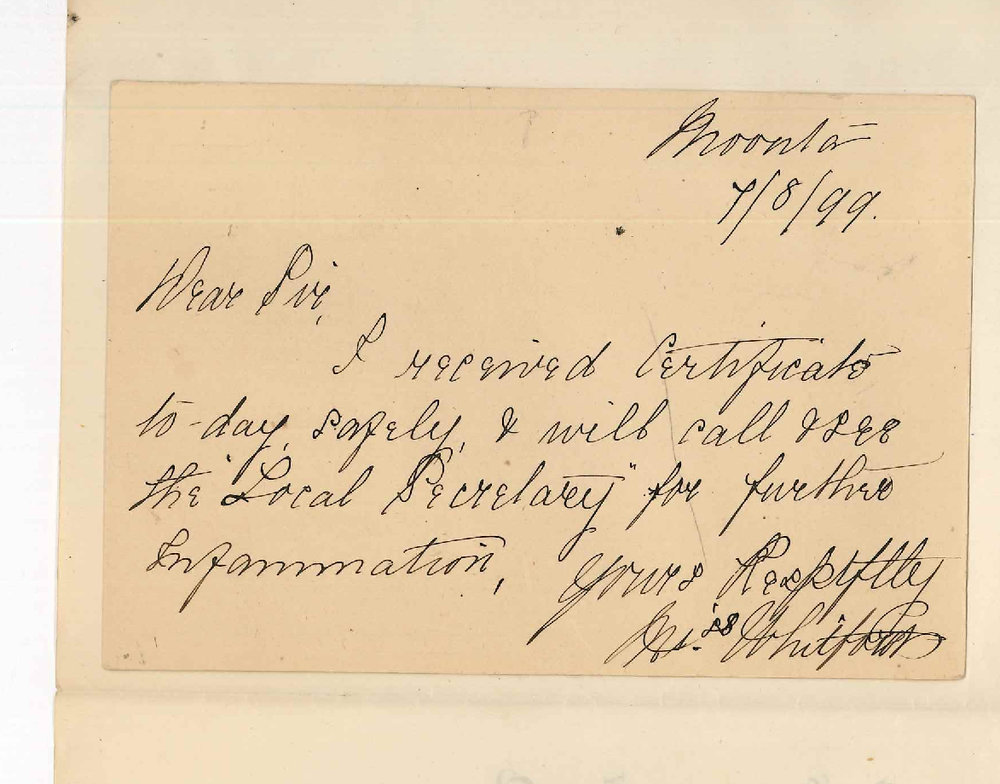 Miss Whitford - Moonta - Acknowledging receipt of Certificates