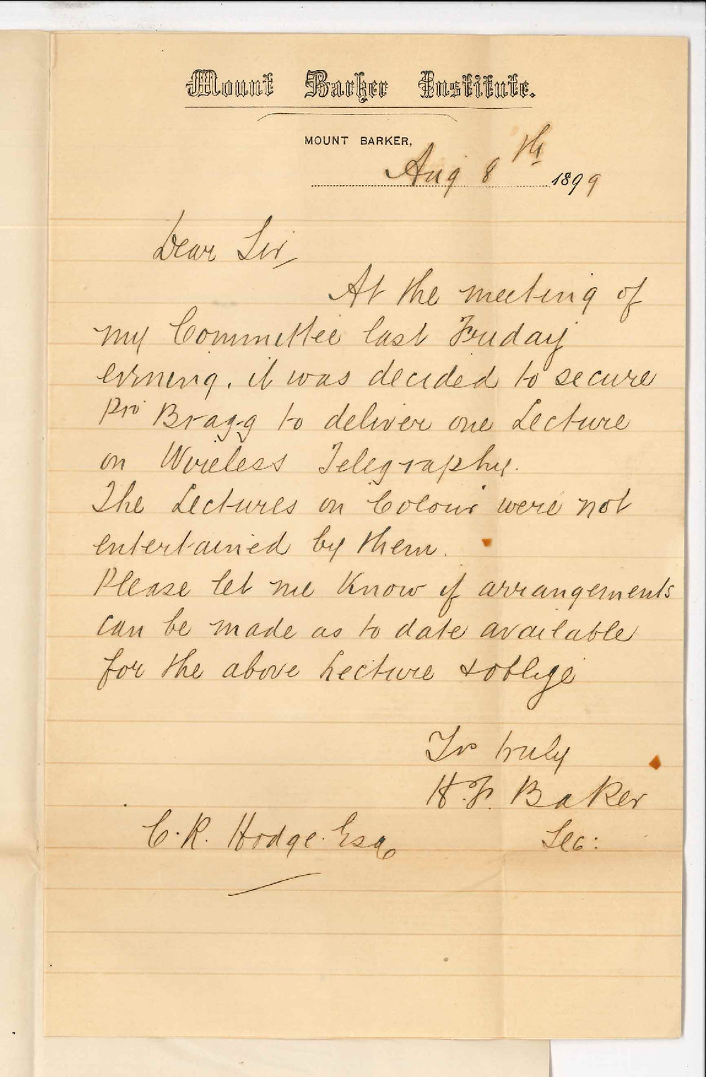 H F Baker - Mount Barker - Extension Lectures