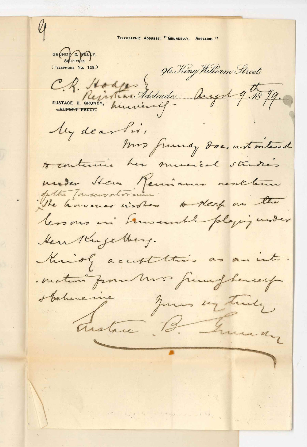 Eustace B Grundy - Adelaide - Mrs Grundy will not continue lessons at the Conservatorium
