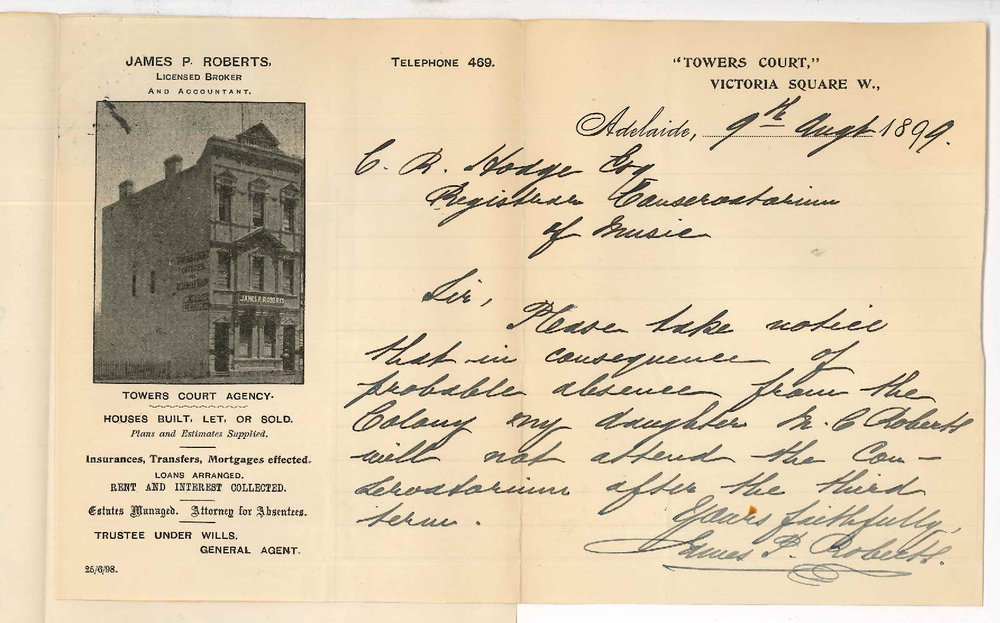 James P Roberts - Adelaide - Miss M C Roberts will discontinue lessons at the Conservatorium