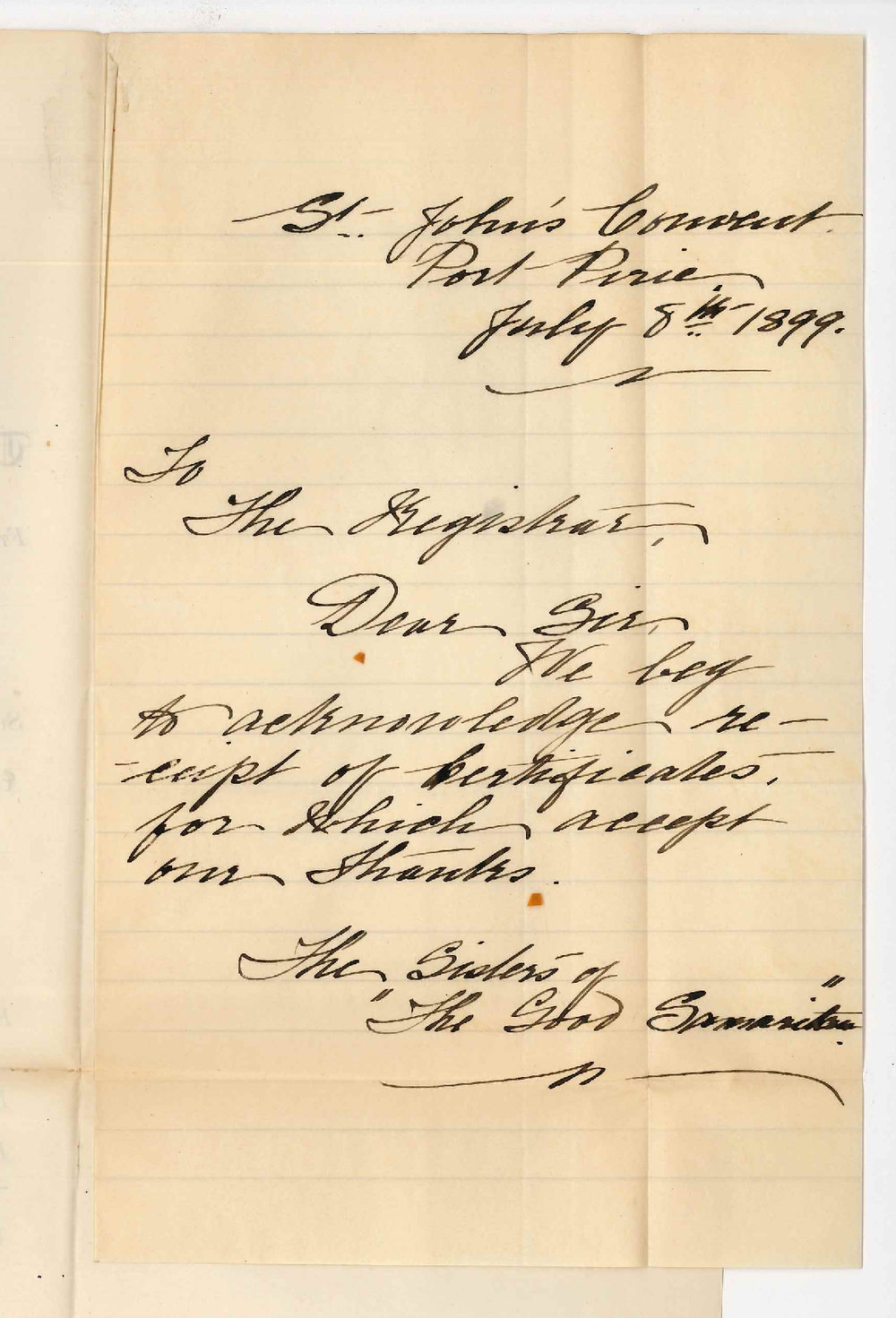 St Johns Convent - Port Pirie - Acknowledging receipt of Certificates