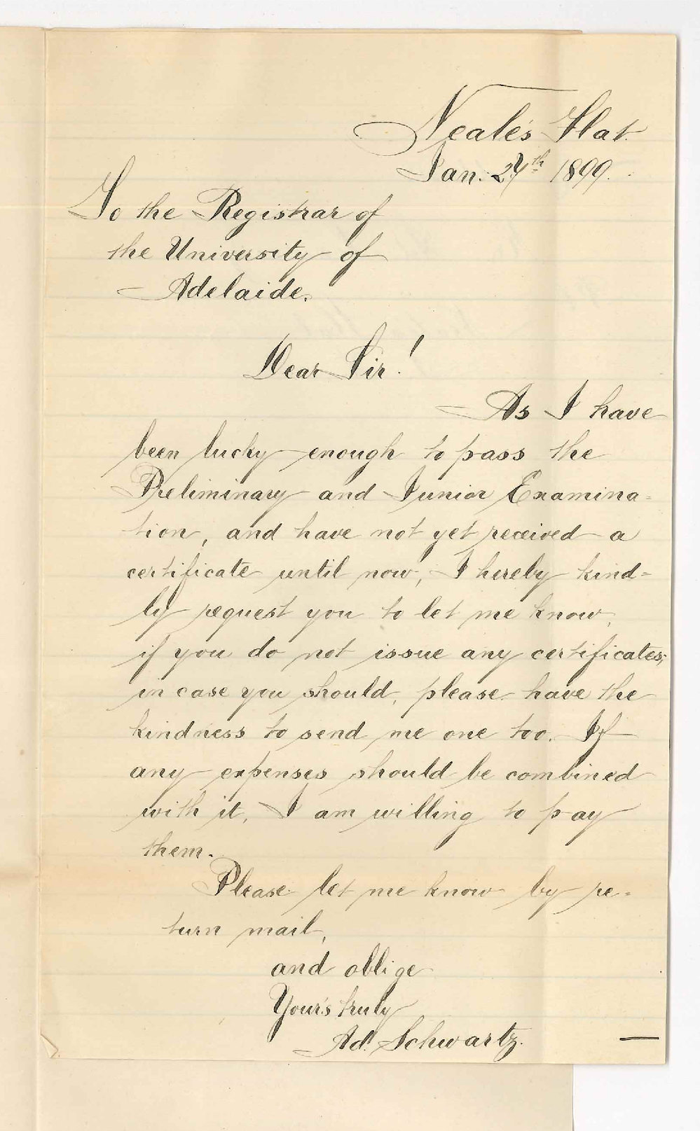 A Schwartz - Neales Flat - Request for Certificates