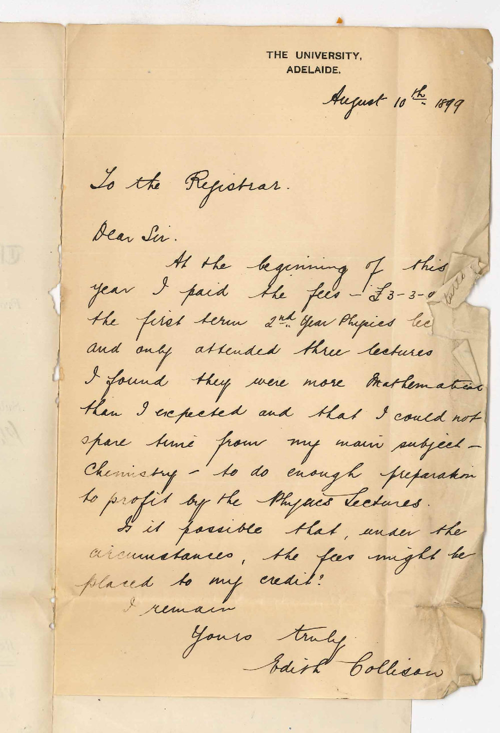 Miss Edith Collison - The University - Fees paid for second year Physics