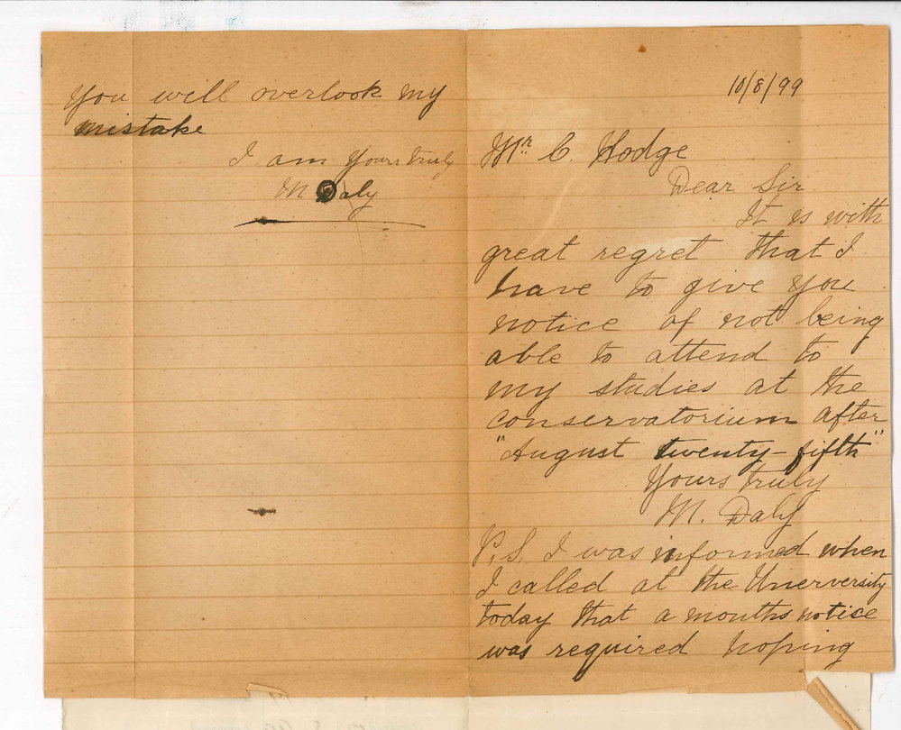 Miss M Daly - Conservatorium - Discontinuing lessons at the Conservatorium