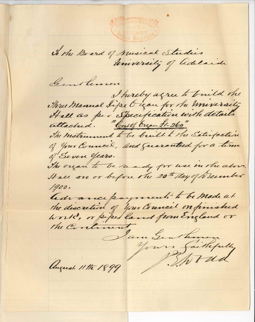 J E Dodd - Adelaide - Concerning Conservatorium Organ