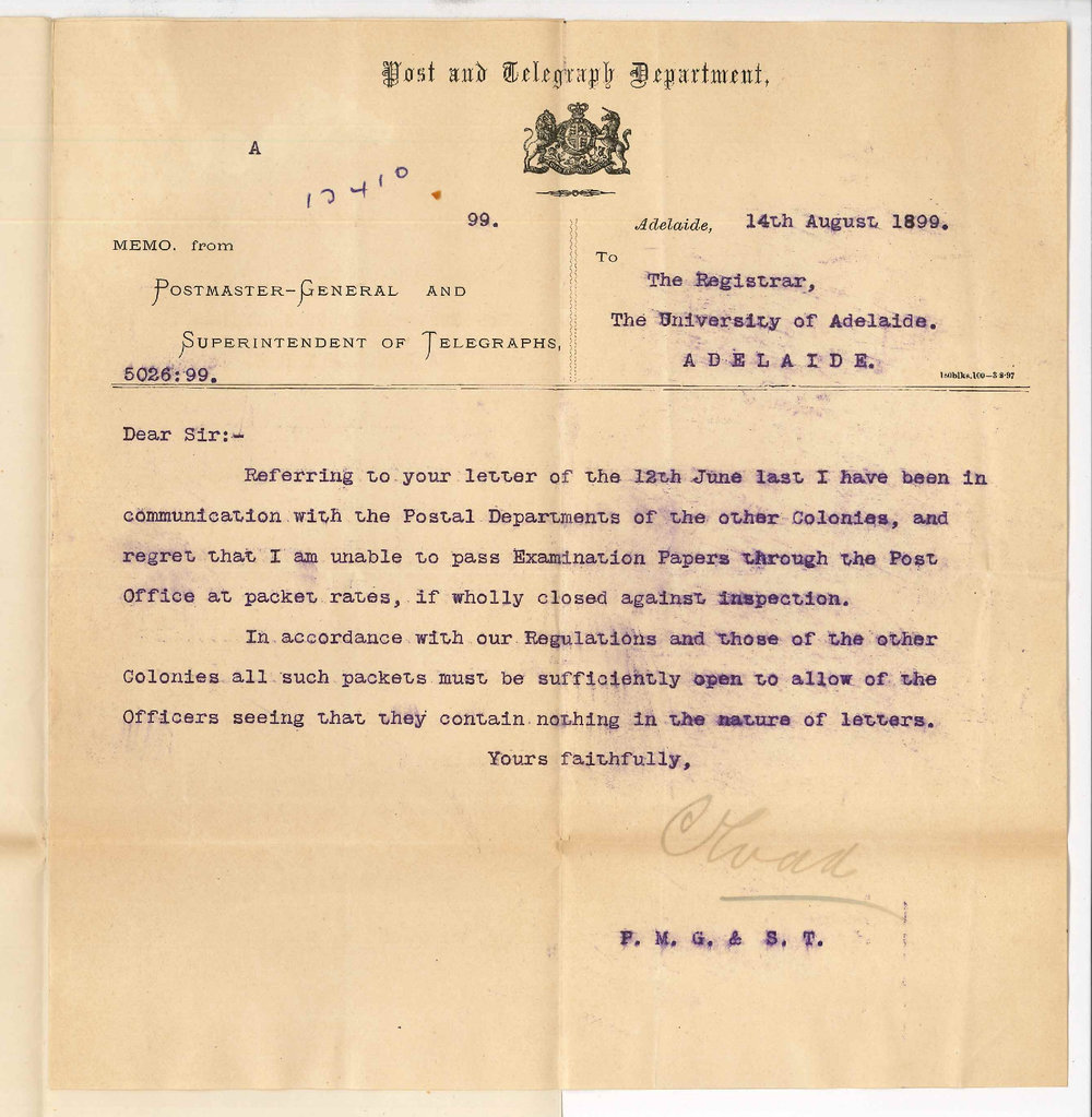 Charles Todd - Postmaster-General and Superintendent of Telegraphs - Postage on Examination Papers