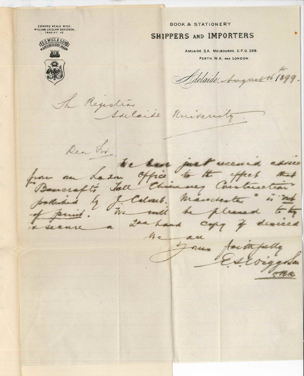E S Wigg and Son - Adelaide - Books ordered from London