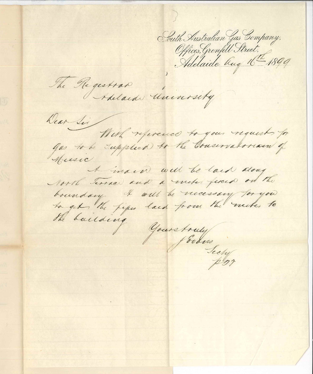 J Evans - Secretary - South Australian Gas Company - Supply of Gas to the Conservatorium