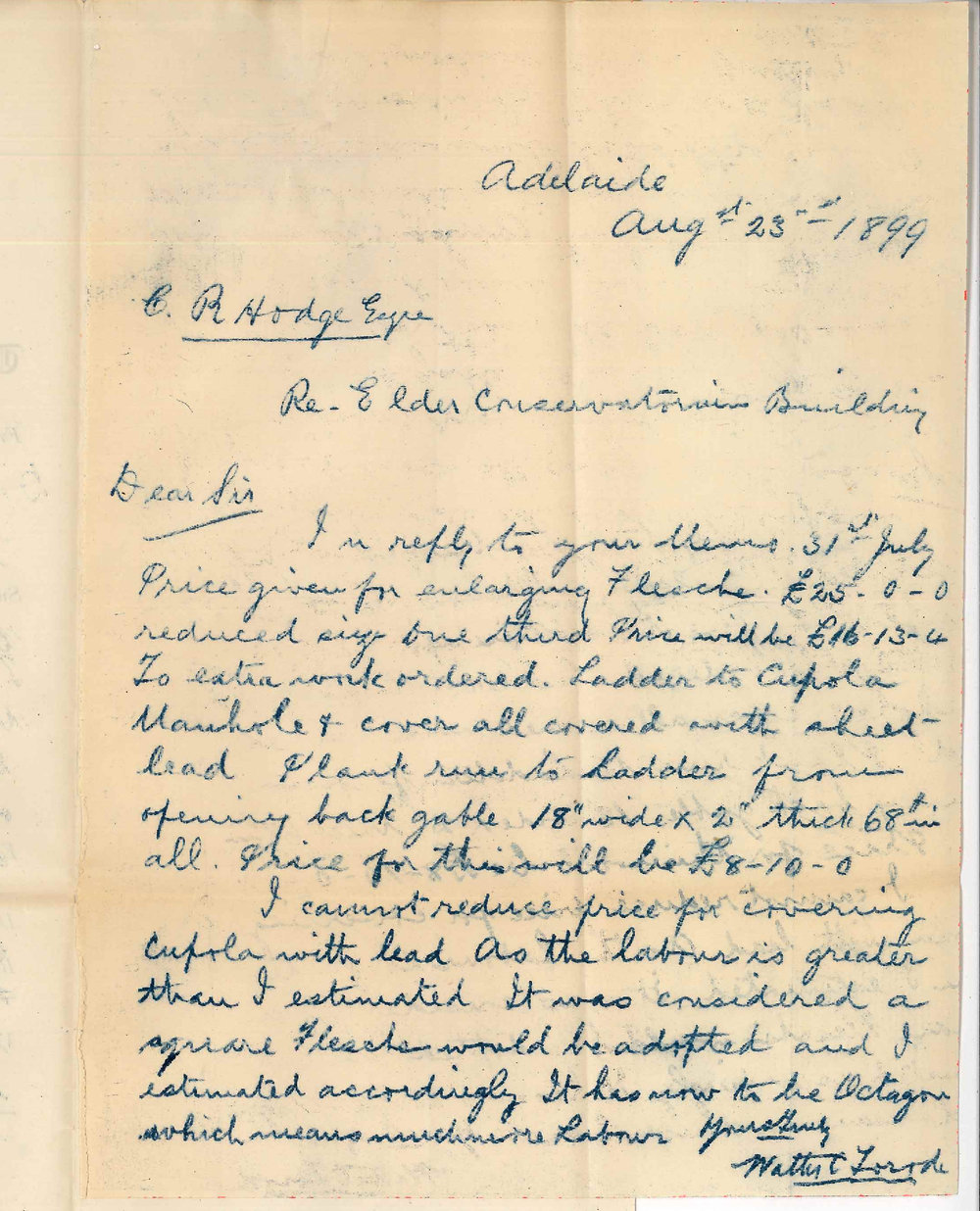 Walter C Torode - Adelaide - Conservatorium Building cost of work