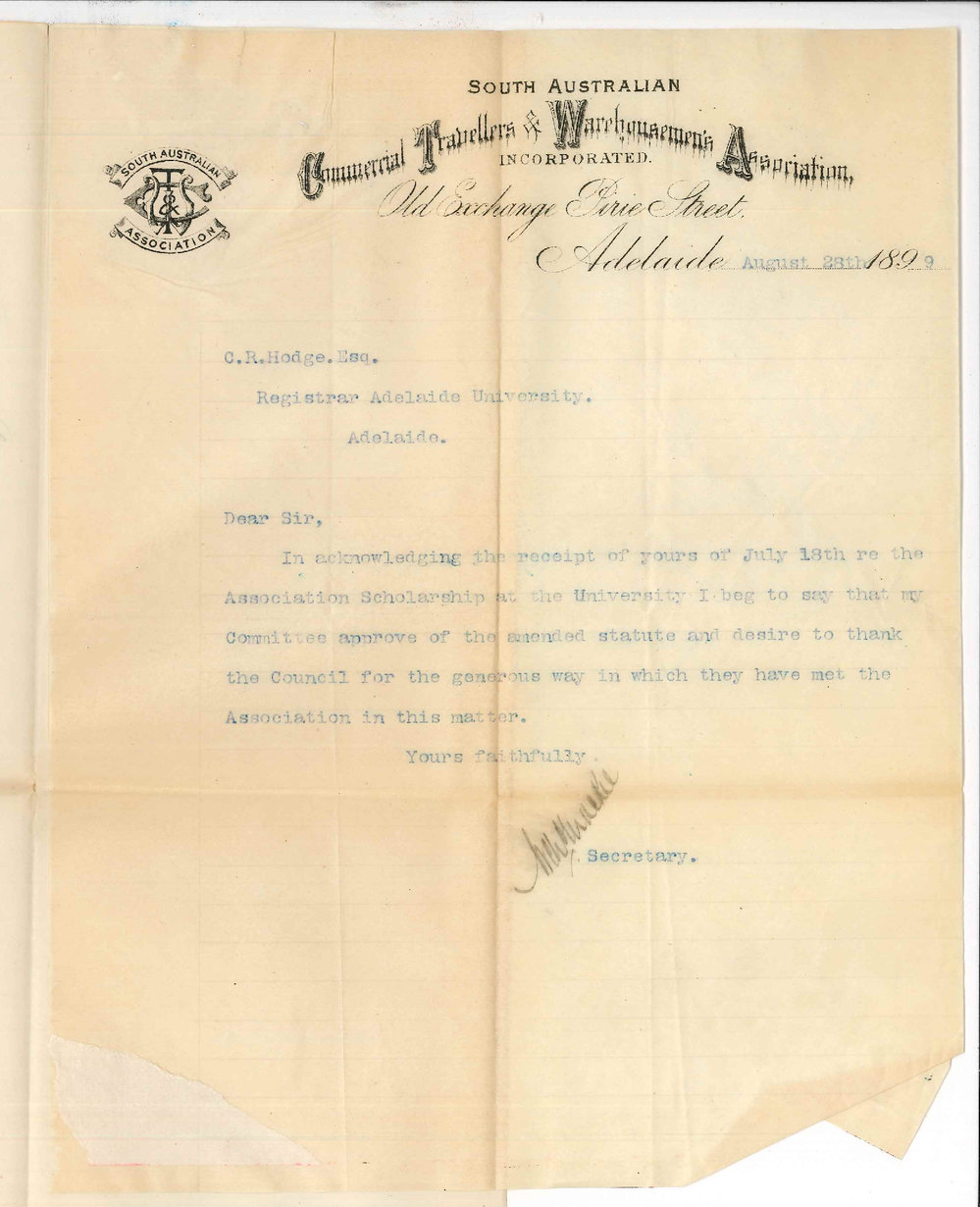 A Mackie - Secretary - Commercial Travellers &amp; Warehousemen's Association - Adelaide - Approving amend of Scholarship Statute