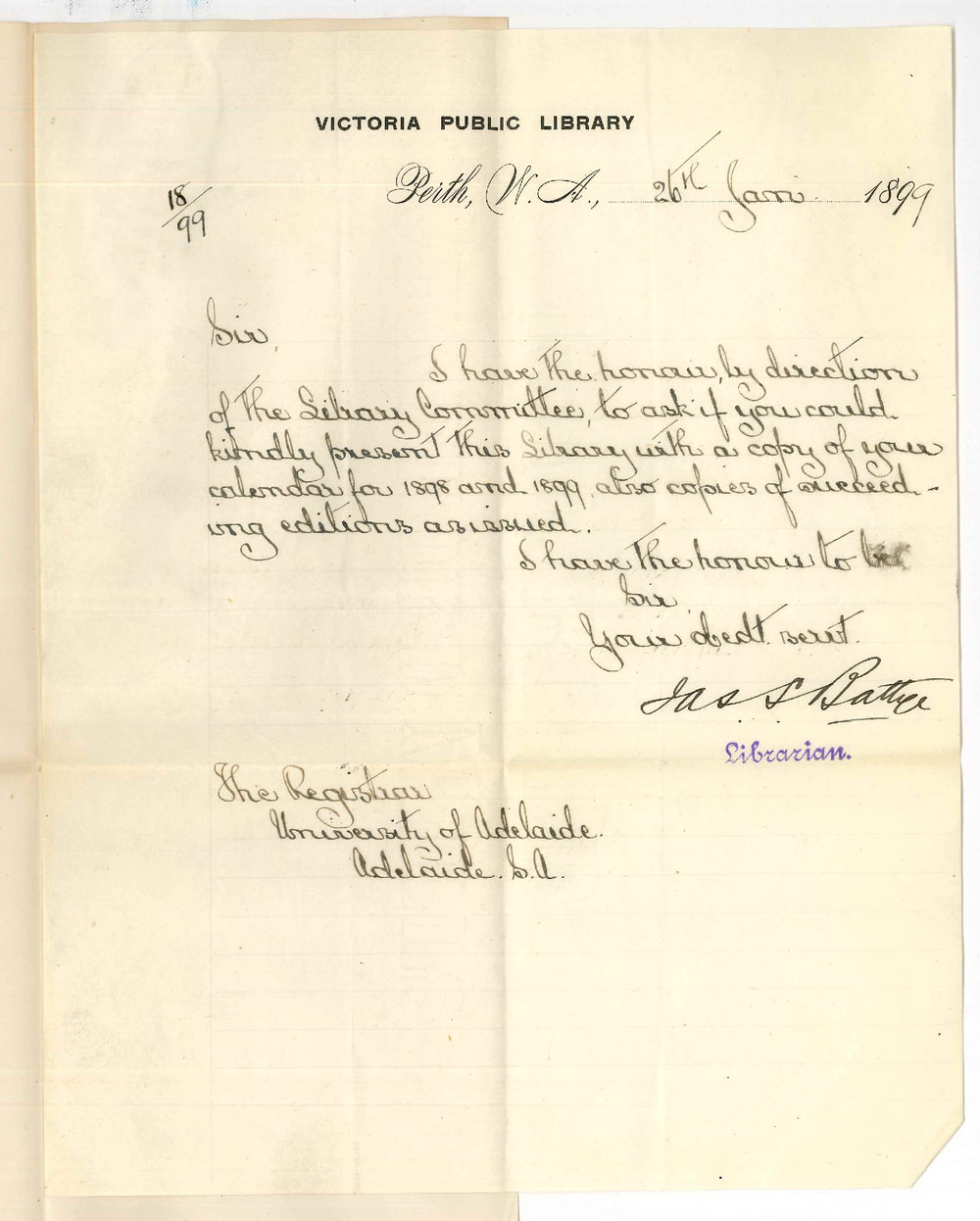 James S Battye - Librarian Victoria Public Library Perth WA - Request for Calendar