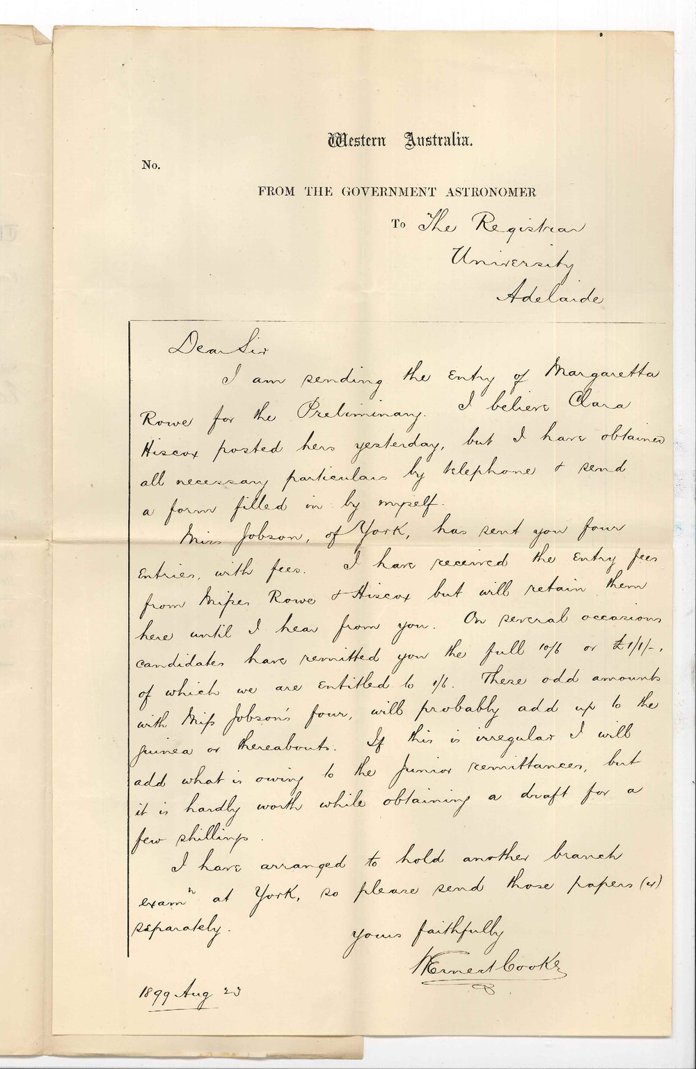 W Ernest Cooke - Government Astronomer - Western Australia - Concerning Preliminary Examination at Perth