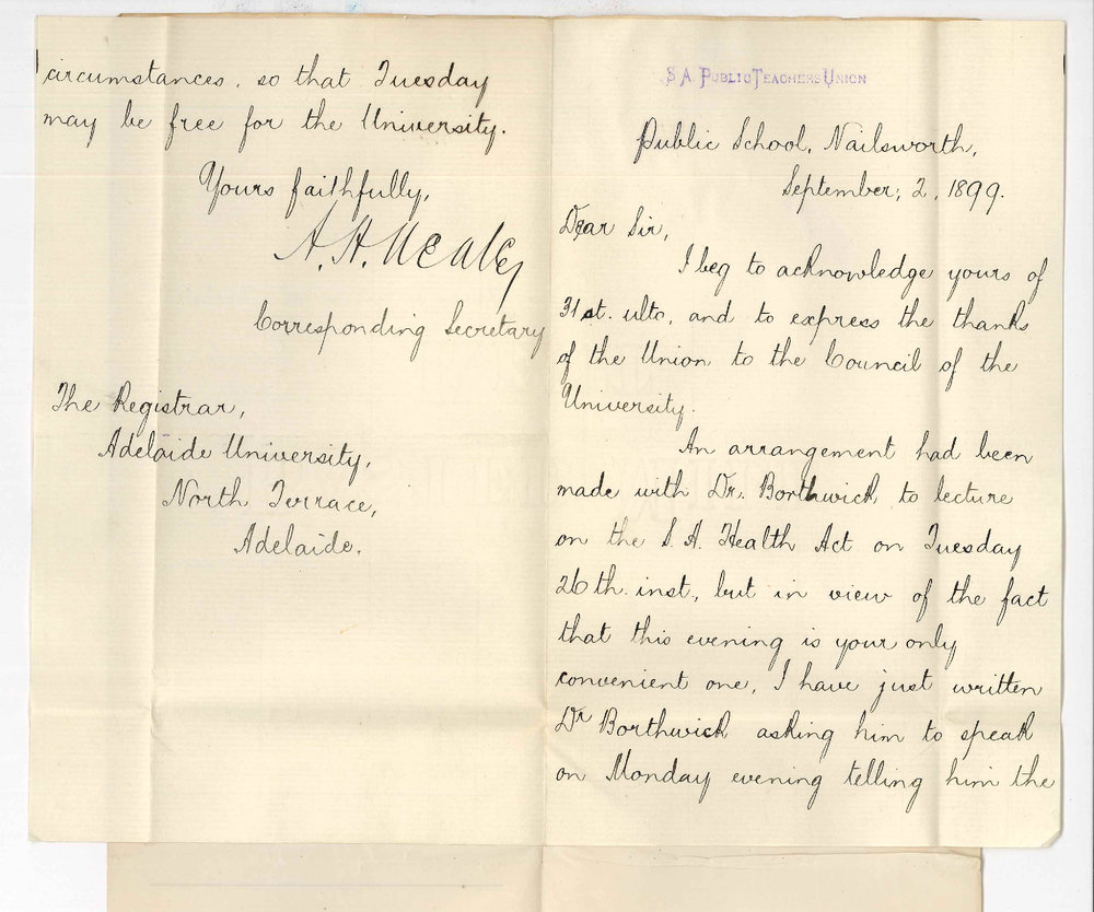 A H Neale - Secretary - South Australian Public Teachers Union - Thanking Council for arrangements made in connection with annual conference