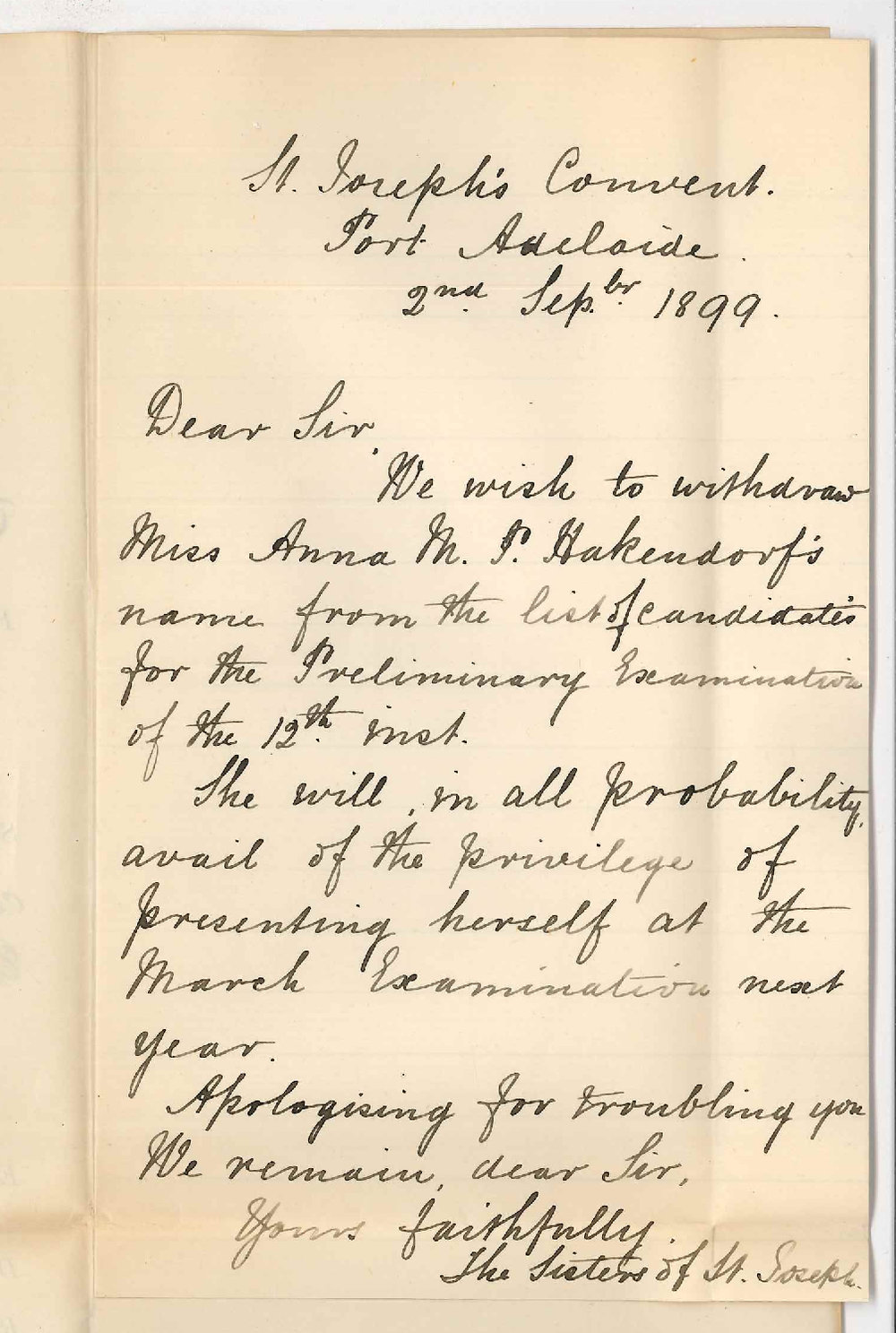 Sisters - St Josephs Convent - Port Adelaide - Withdrawing candidates from Preliminary Examination