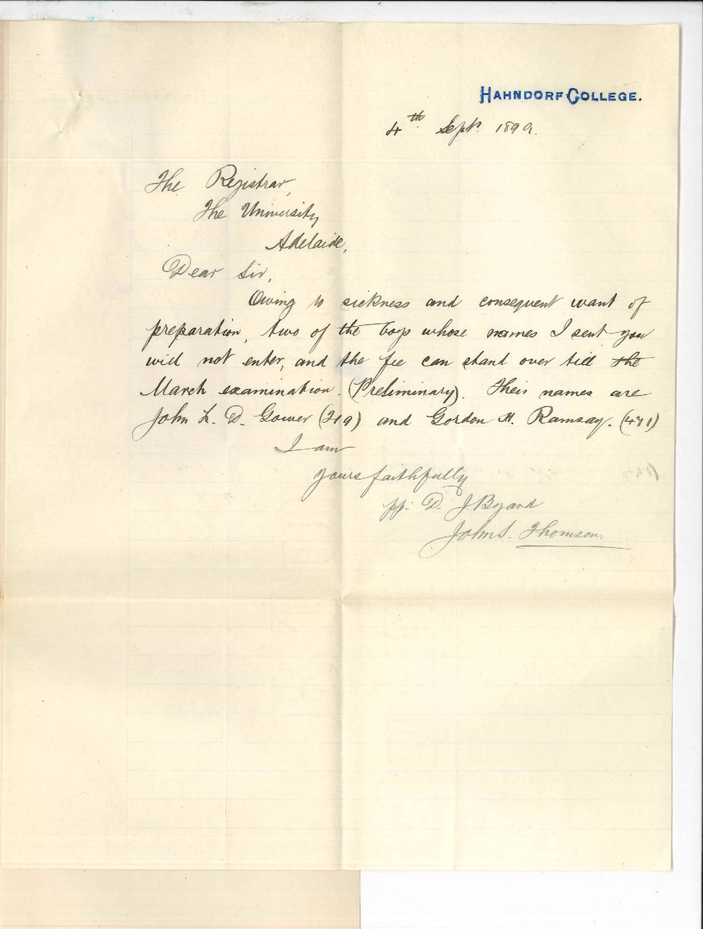 John S Thomson - Hahndorf College - Withdrawing candidates from Preliminary Examination