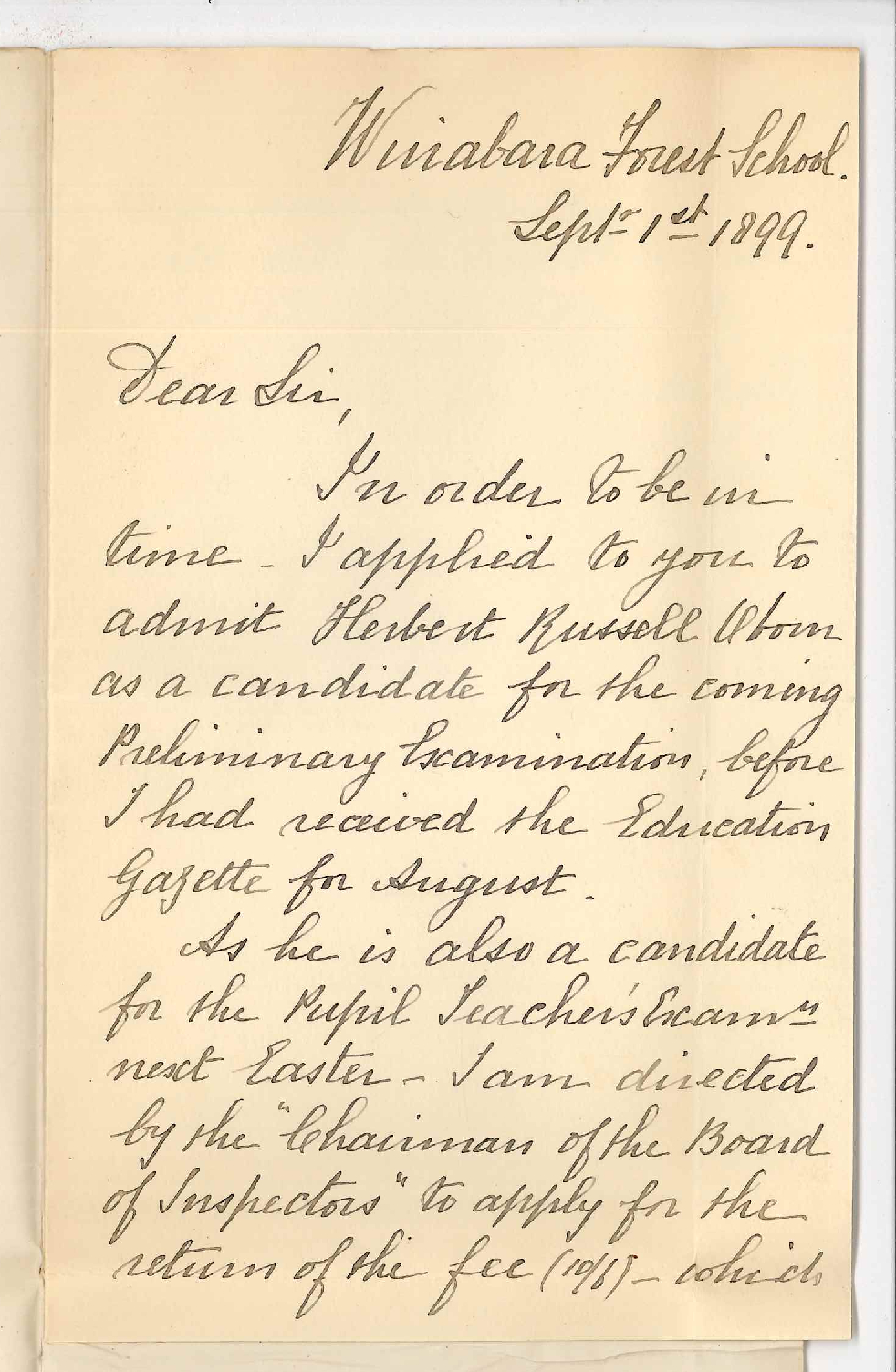 Thomas S Oborn - Wirrabara Forest School - Requesting refund of Preliminary Examination fee paid by H R Oborn