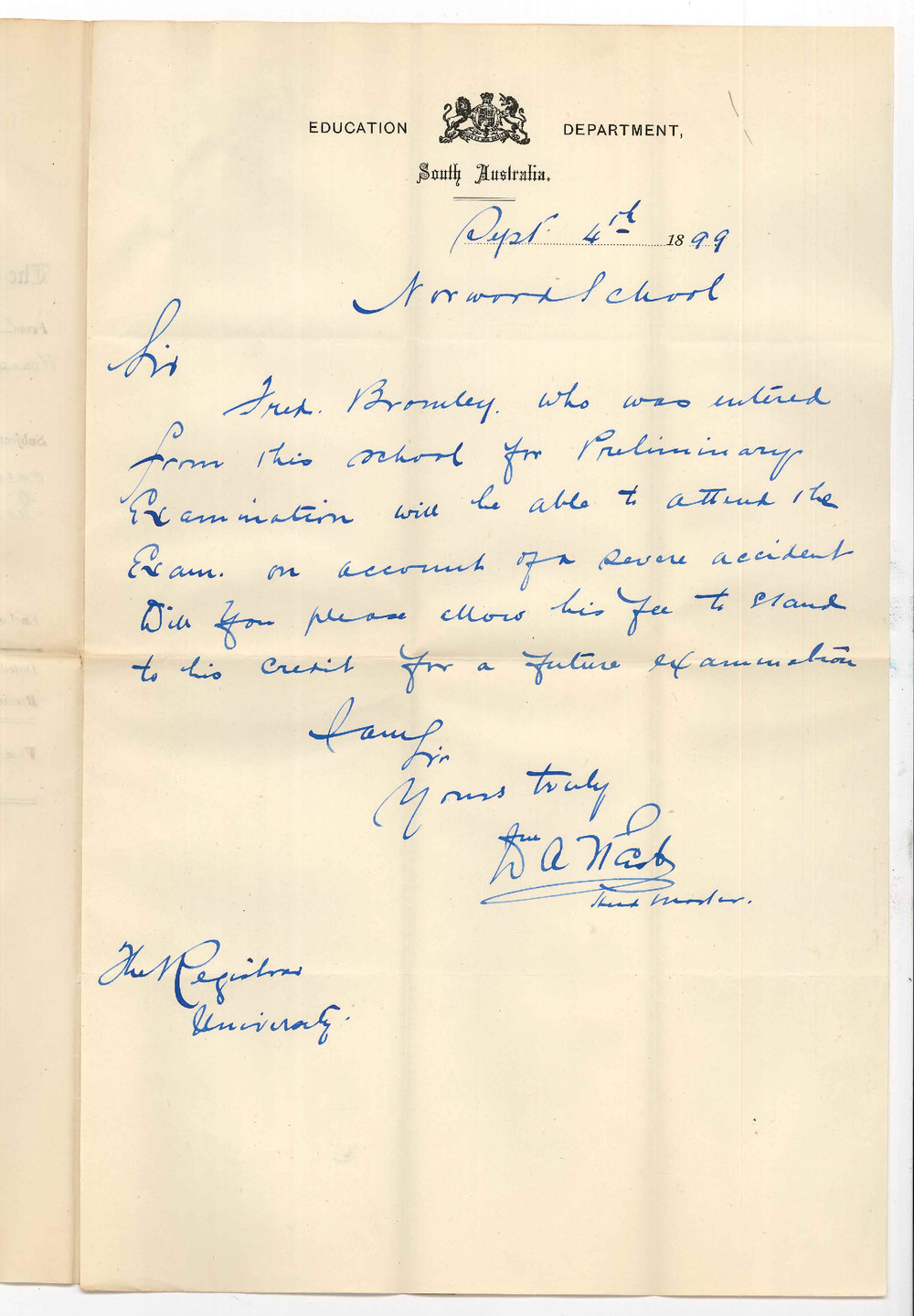 William A West - Norwood Public School - Withdrawing candidate from Preliminary Examination