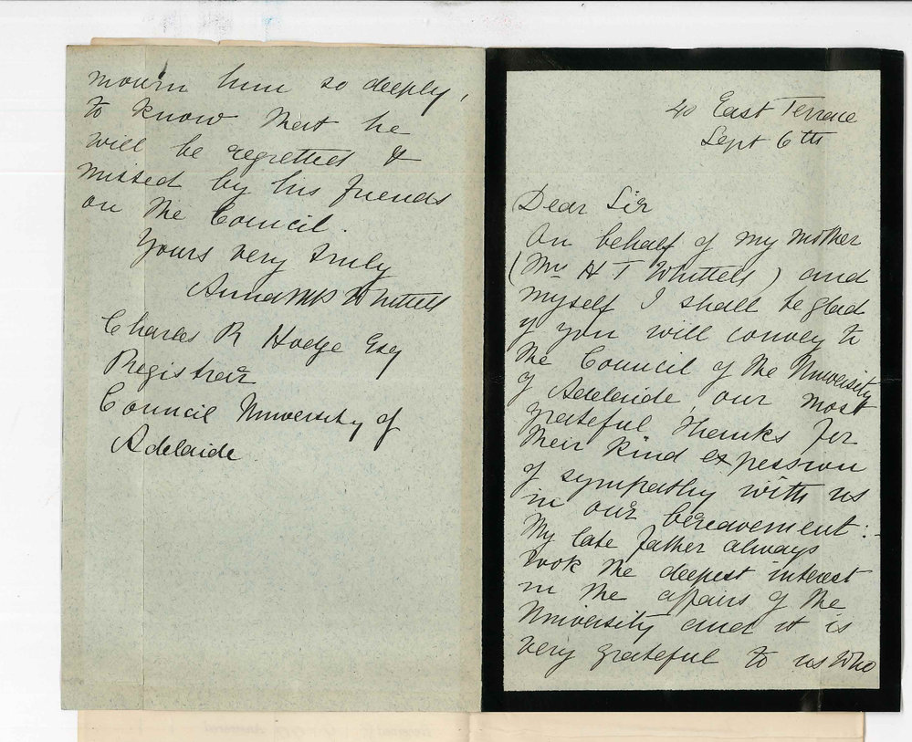 Miss Whittell - East Terrace Adelaide - Thanking Council for letter of sympathy on death of Dr Horatio Thomas Whittell