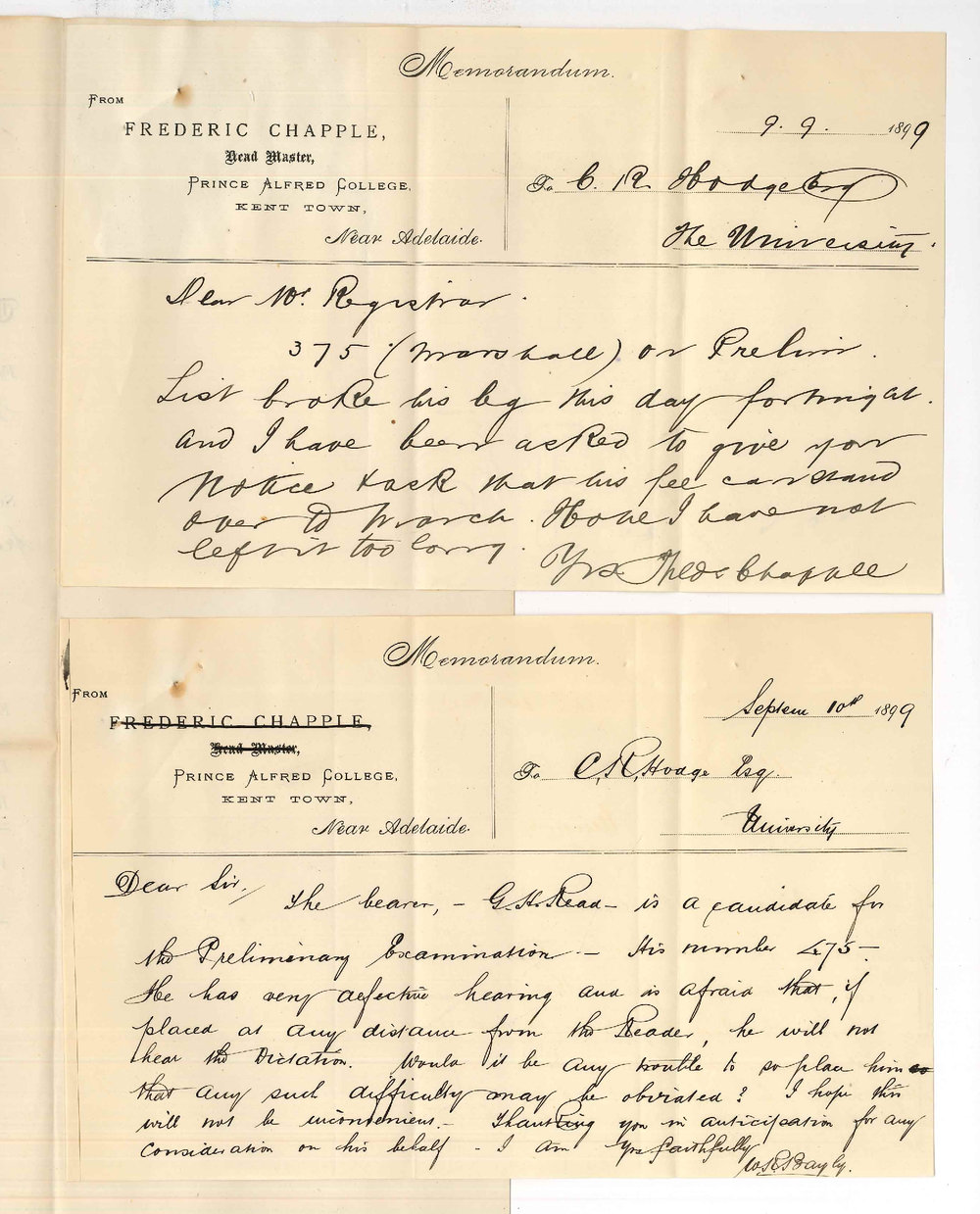 Frederic Chapple - Prince Alfred College - Withdrawing candidate from Preliminary Examination