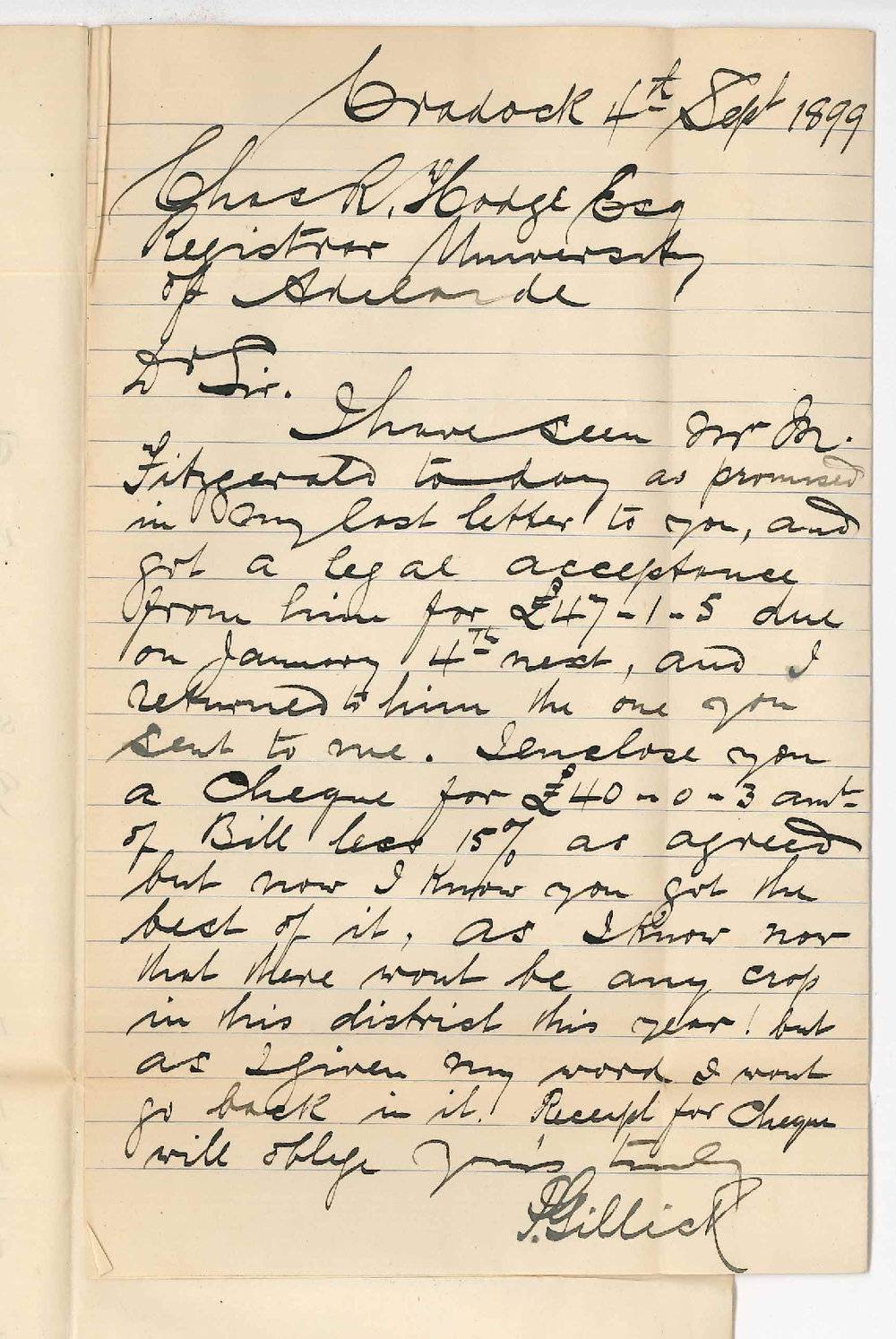 Patrick Gillick - Cradock - Forwarding Cheque on Account Fitzgeralds rent