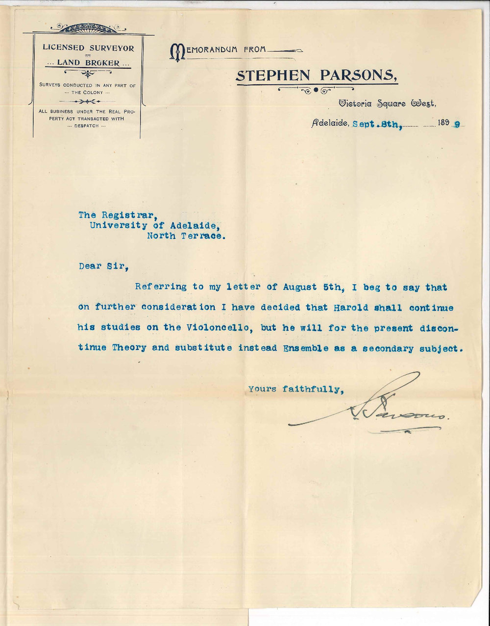 Stephen Parsons - Adelaide - Harolds studies at the Conservatorium