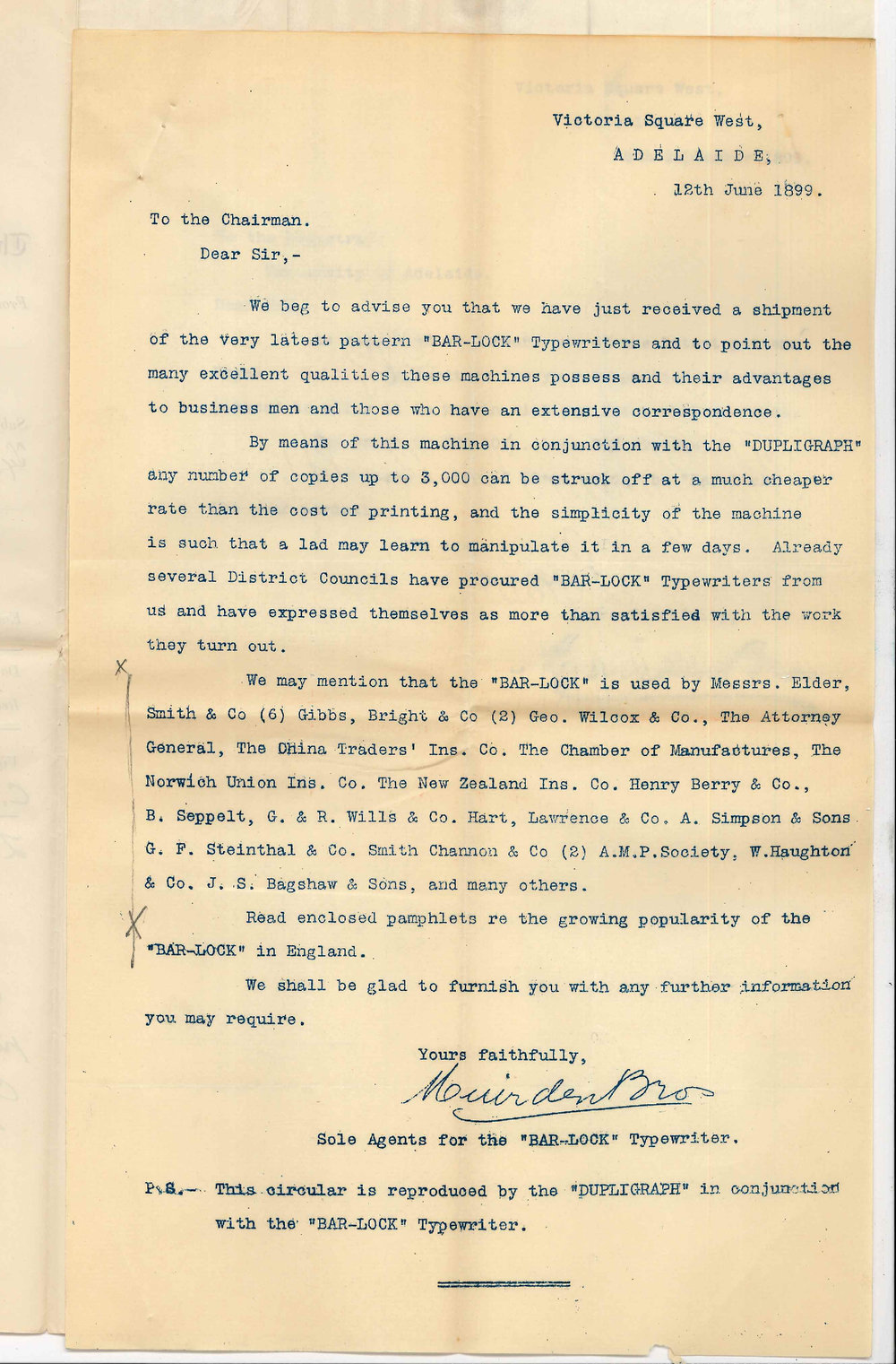 Muirden Brothers - Adelaide - Forwarding Bar Lock Typewriter