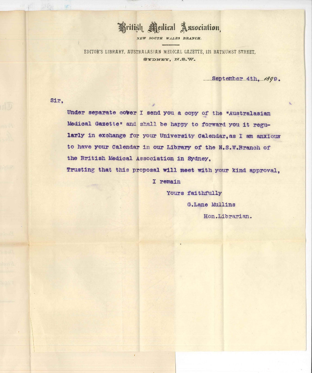 G Lane Mullins - Honorary Librarian - British Medical Association - Sydney - Requesting Calendar