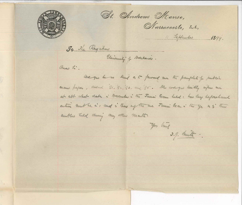 Reverend T J Smith - Narracoorte - Requesting preliminary pamphlets and information Junior Public Examination