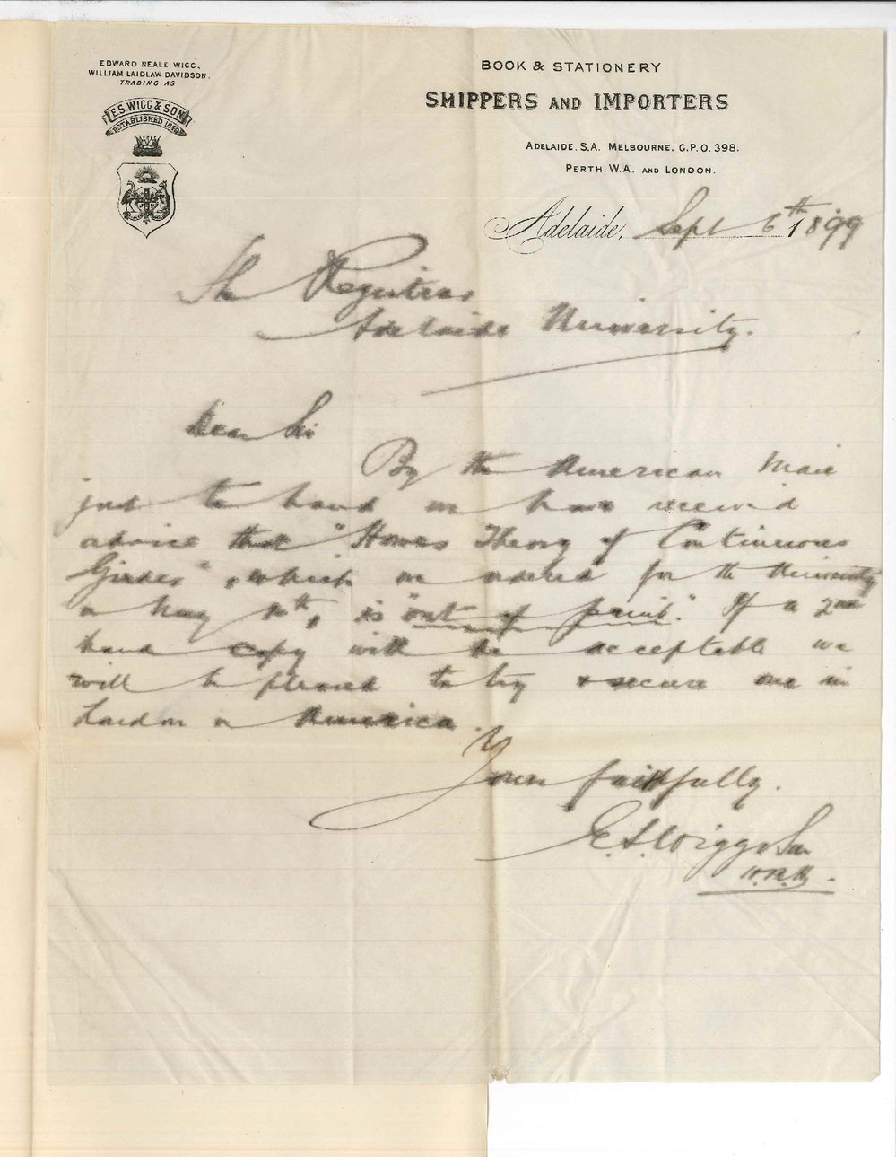 E S Wigg and Son - Adelaide - Books ordered from London