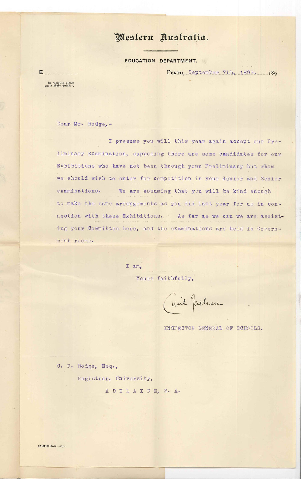 Cyril Jackson - Inspector General of Schools - Perth WA - Concerning Preliminary Examination