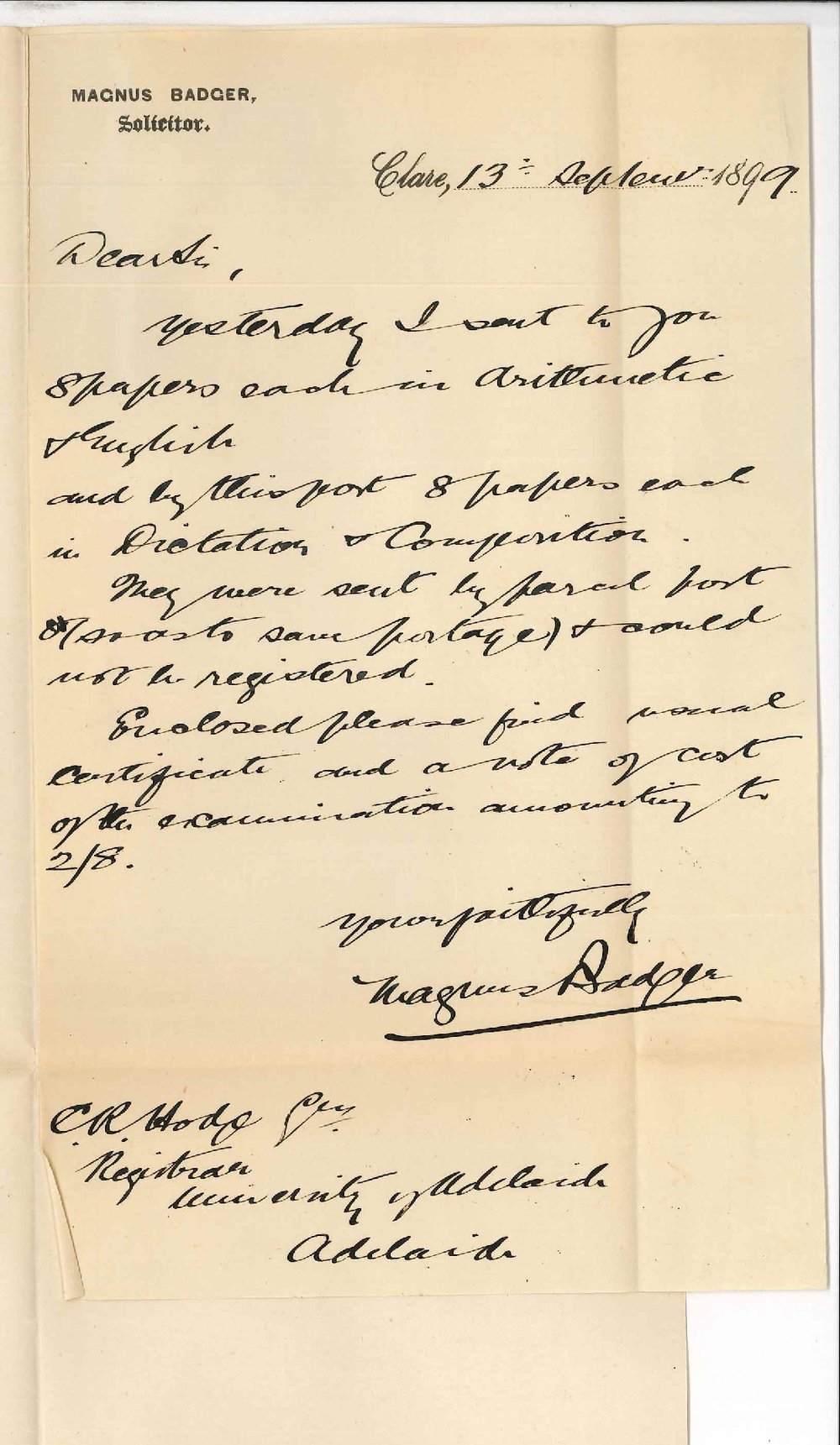 Magnus Badger - Clare - Forwarding Preliminary Examination Papers