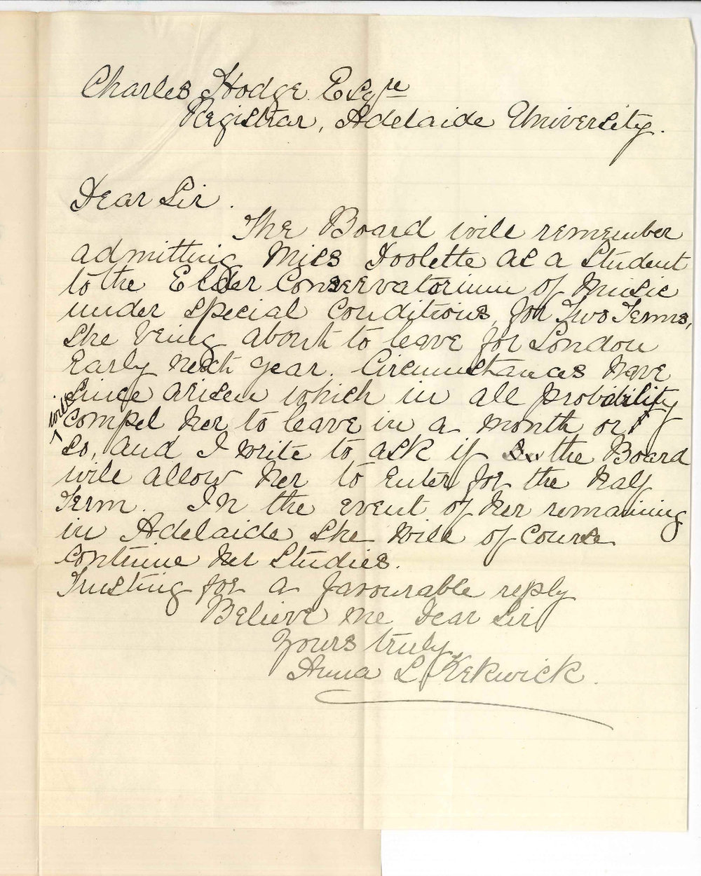 Miss Anna L Kekwick - Miss Doolette's studies at the Conservatorium