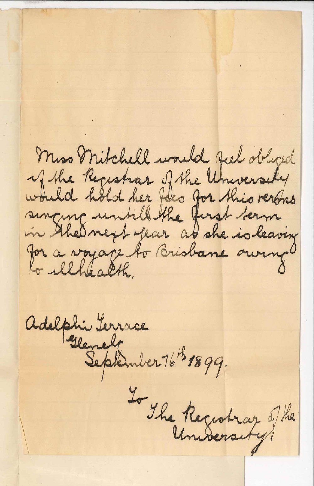Miss Mitchell - Glenelg - Fees to stand over until first term of 1900