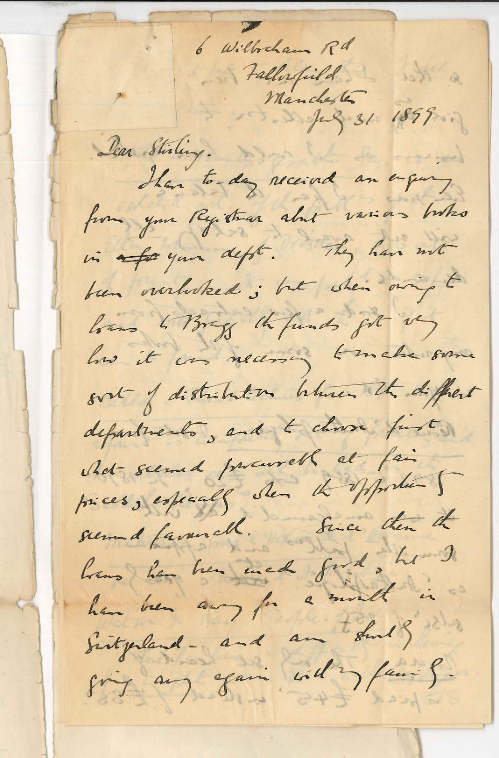 Professor Horace Lamb - Manchester - To Dr Stirling - Books for Library