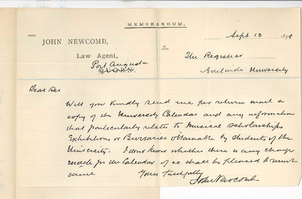 John Newcomb - Port Augusta - Requesting Calendar and information Musical Scholarships