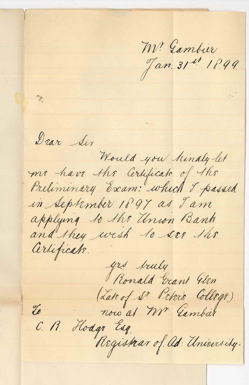 Ronald Grant Glen - Mount Gambier - Requesting Preliminary Certificate