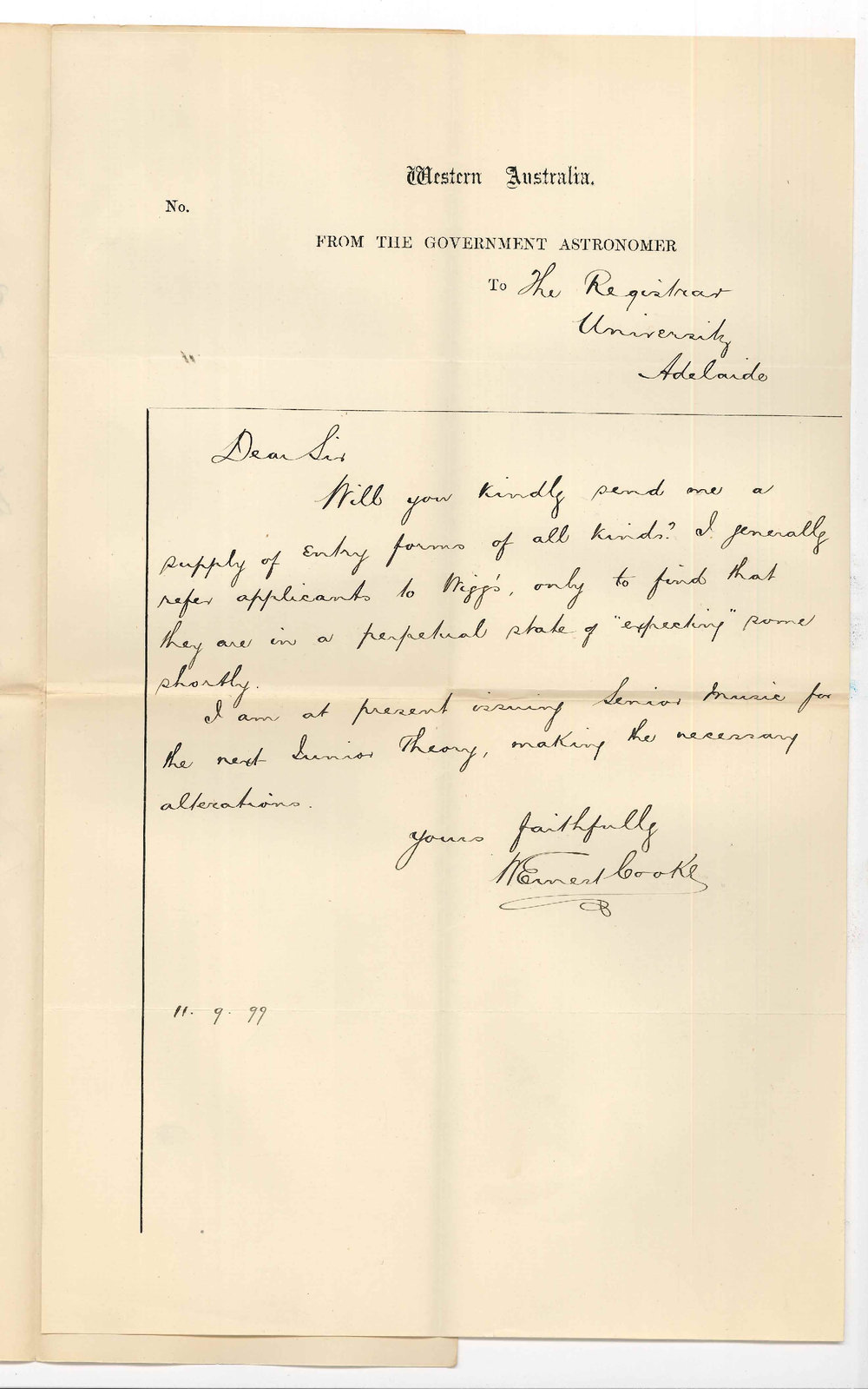 W Ernest Cooke - Honorary Secretary - Government Astronomer - Western Australia - Requesting supply of entry forms for Examinations
