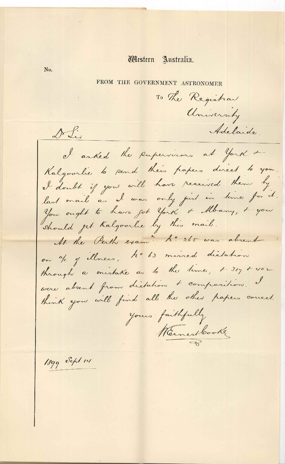 W Ernest Cooke - Honorary Secretary - Government Astronomer - Western Australia - Concerning Preliminary Examination